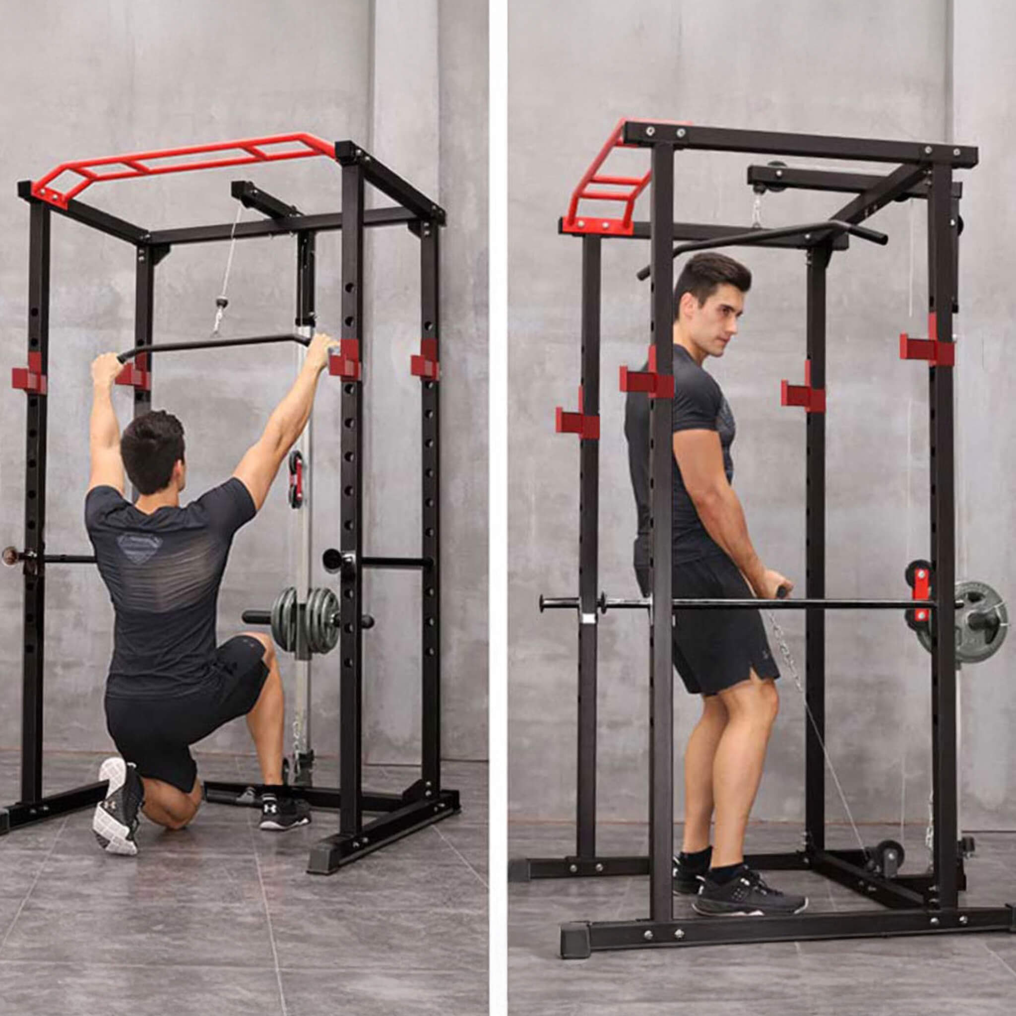 Rovix 1,000 lb Squat Power Cage with Weight Bench — Includes 200 lb Bumper Plate Set