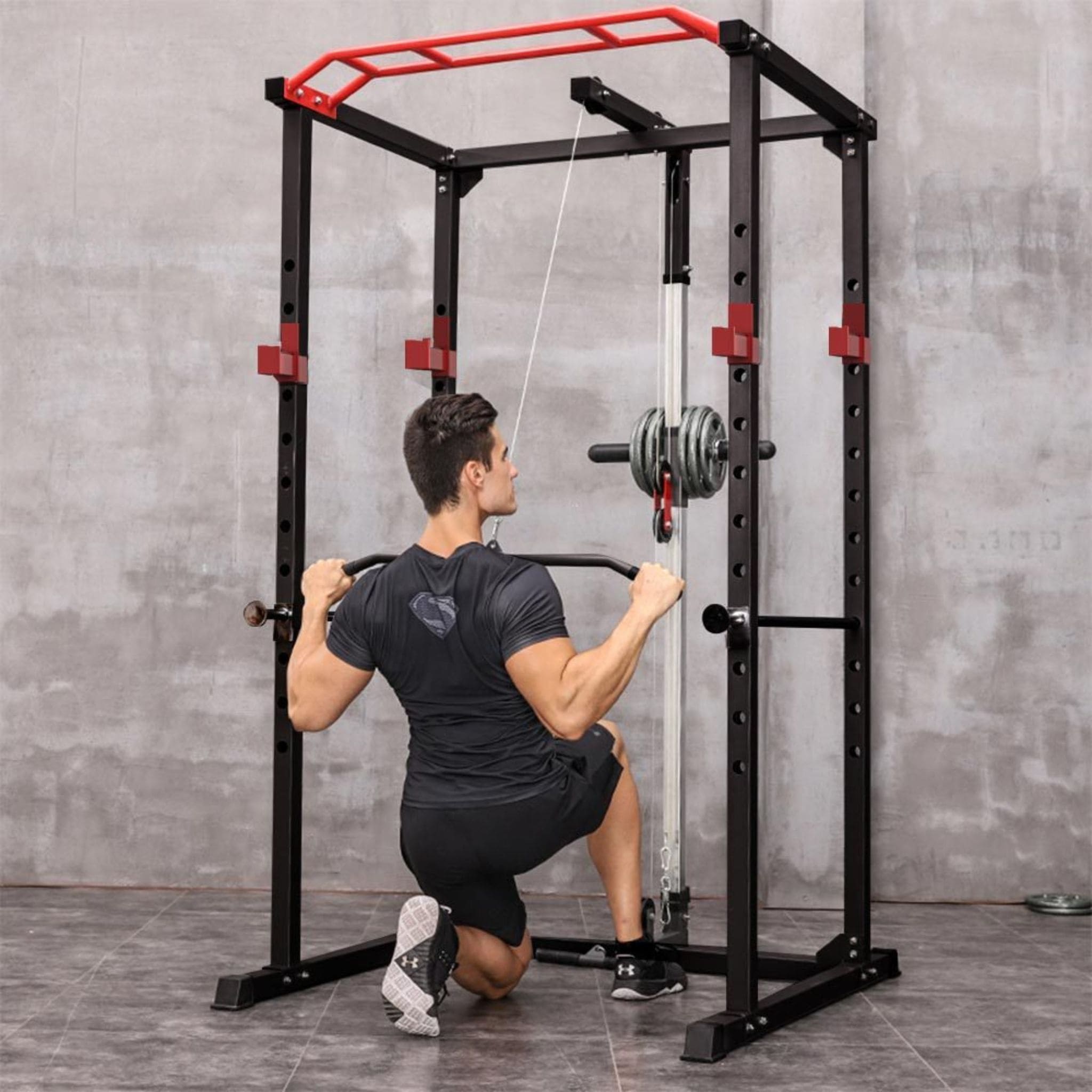 Rovix 1,000 lb Squat Power Cage with Weight Bench — Includes 200 lb Bumper Plate Set