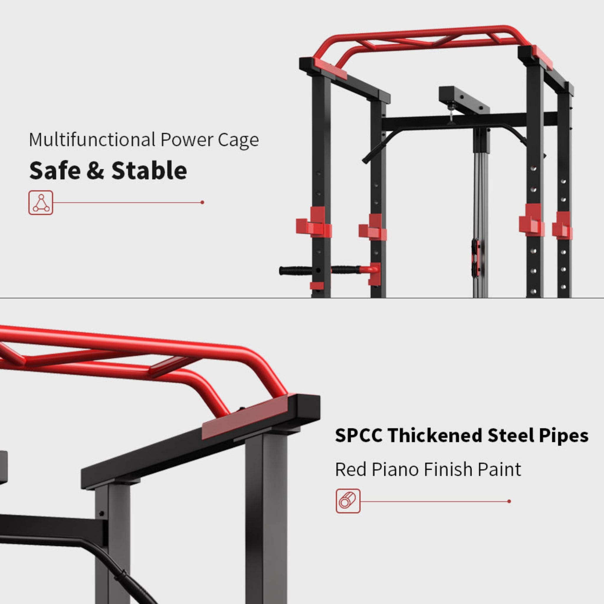 Rovix 1,000 lb Squat Power Cage with Weight Bench — Includes 200 lb Bumper Plate Set