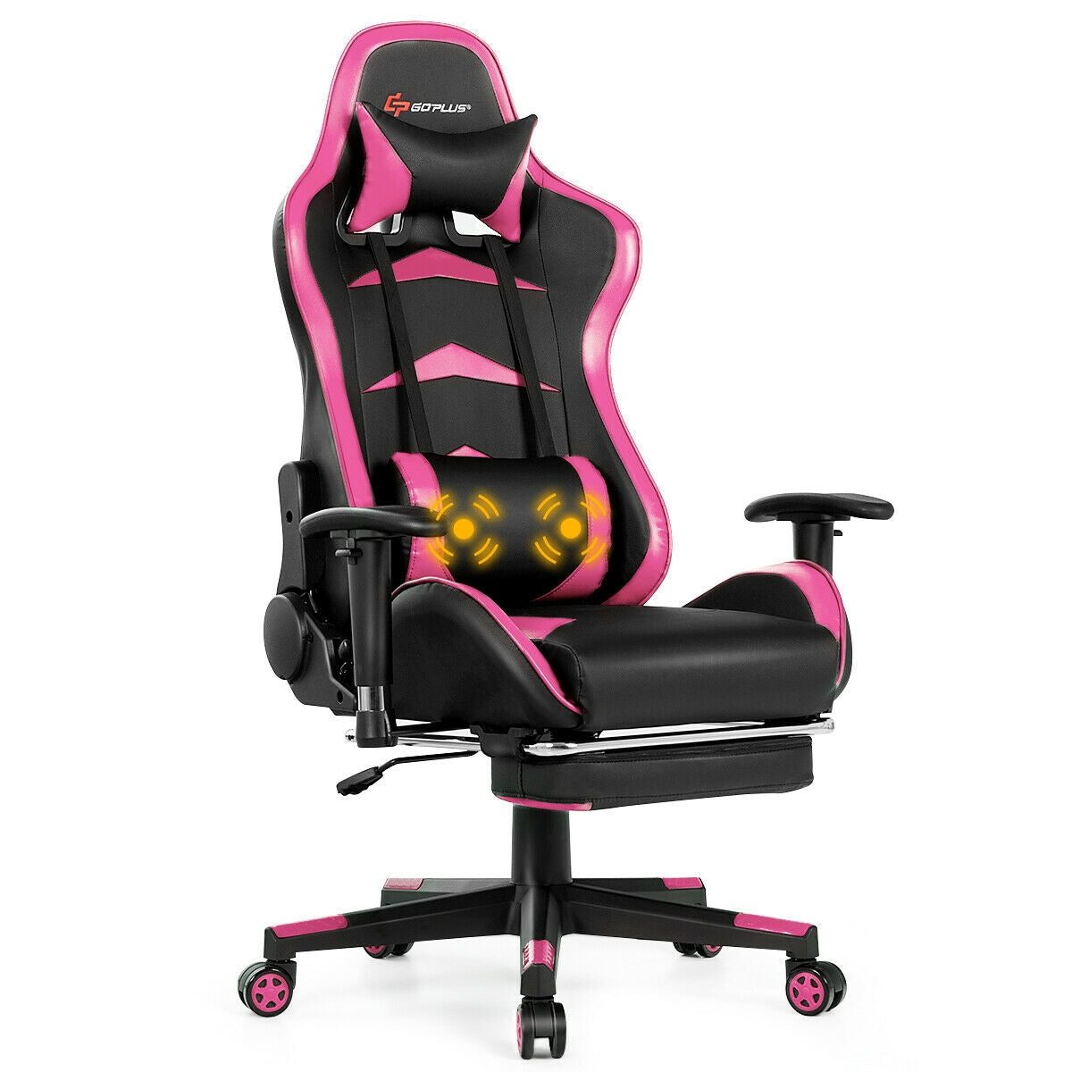 Massage Gaming Chair with Footrest — Lumbar Massage, Reclining & Retractable Footrest | Pink