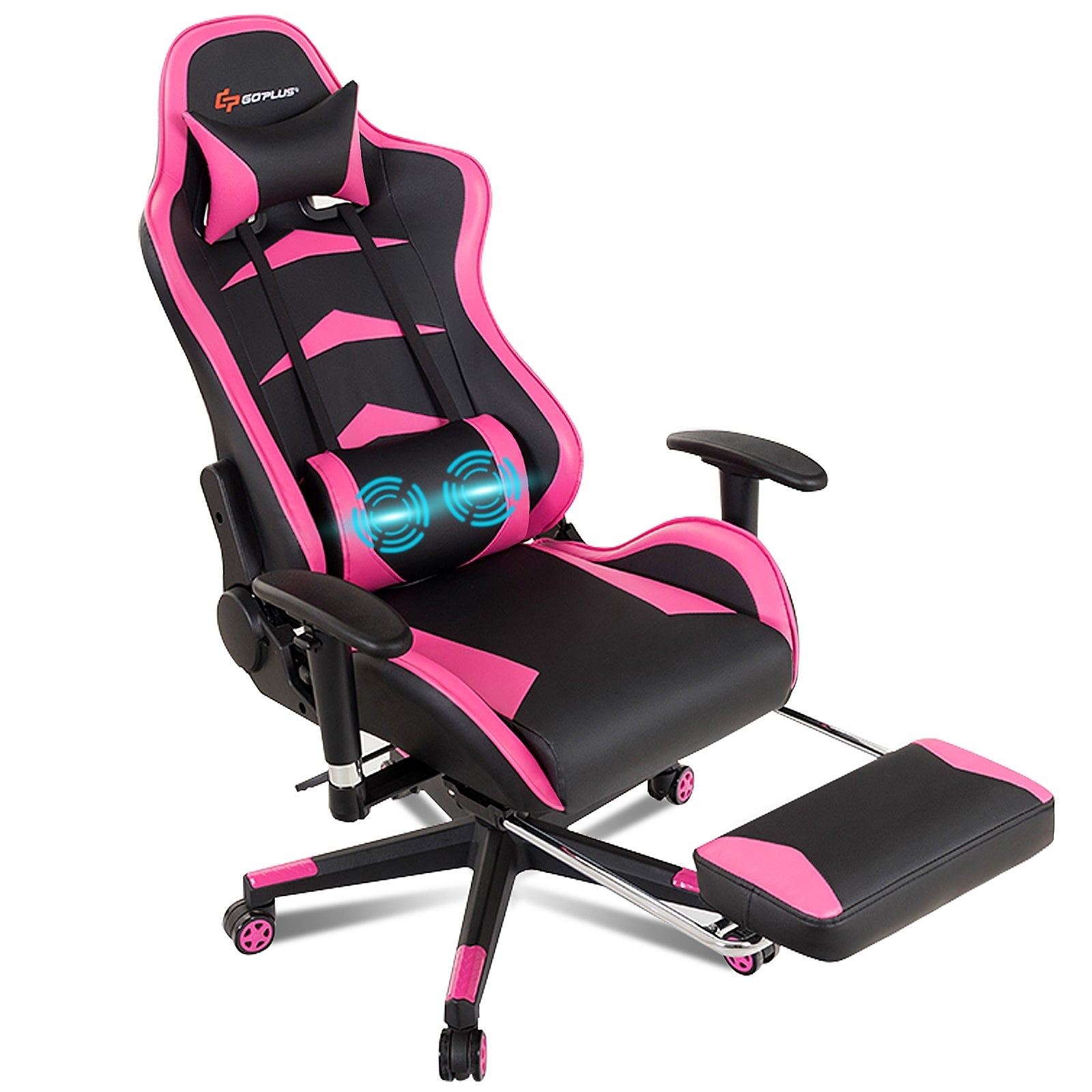 Massage Gaming Chair with Footrest — Lumbar Massage, Reclining & Retractable Footrest | Pink
