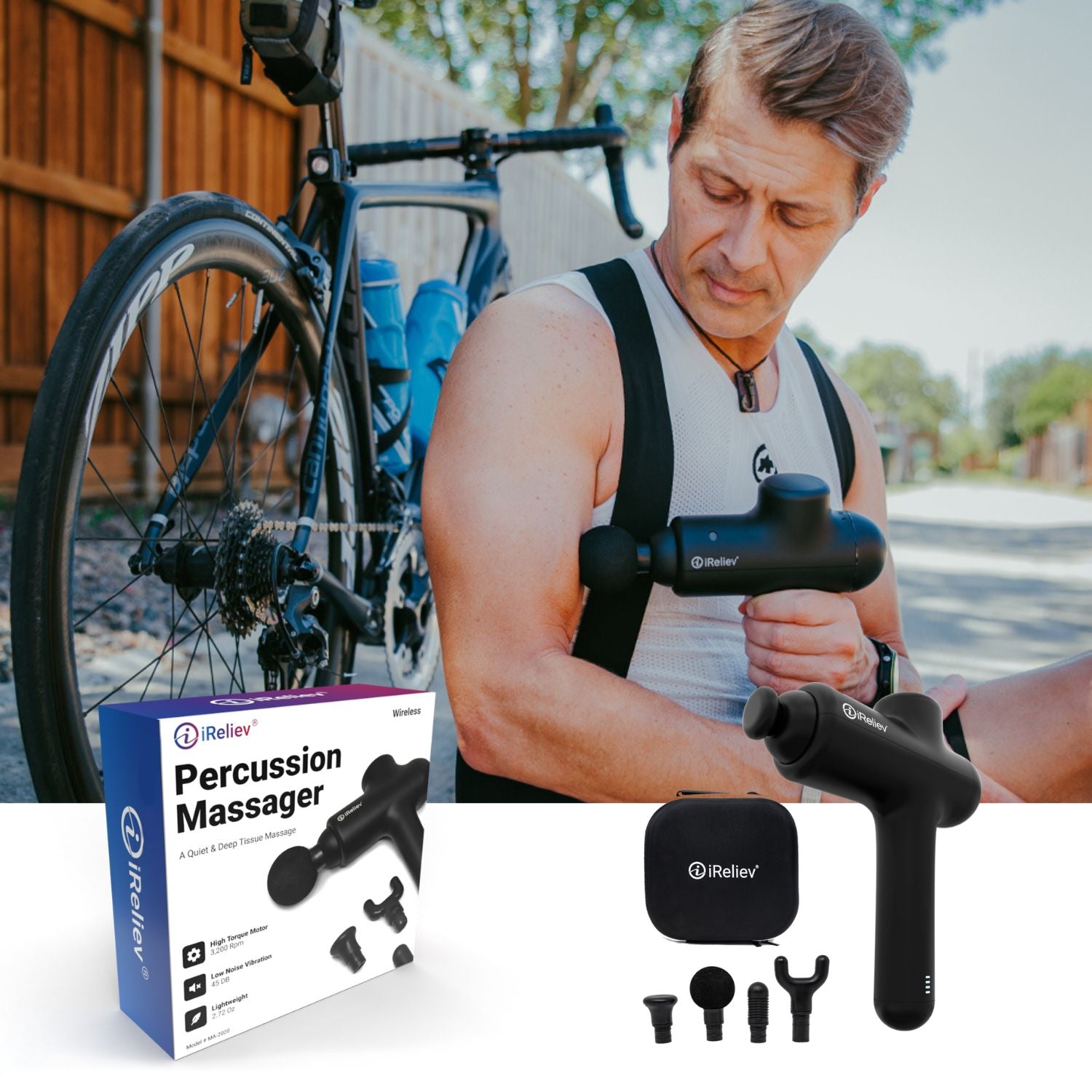 iReliev Percussion Massage Gun — 3-Speed Deep Tissue Relief, Ergonomic One-Button Design