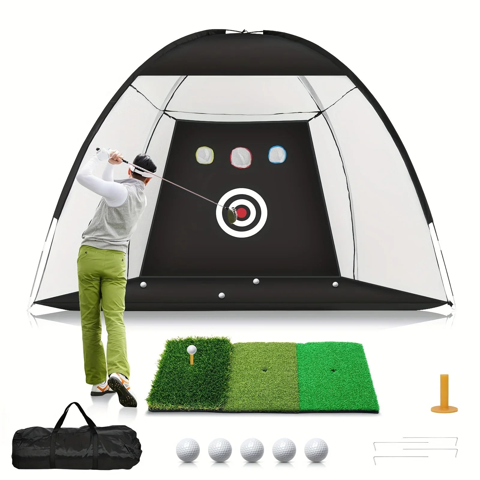 Golf Practice Net with Mat, Balls & Tee — Complete Home Training Set