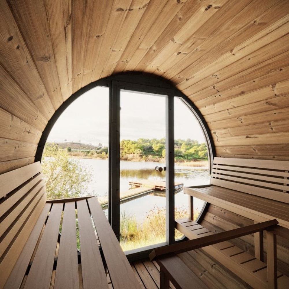SaunaLife EE8G Ergo Series — 6-Person Outdoor Barrel Sauna | 7'7" Diameter | Full Glass Front