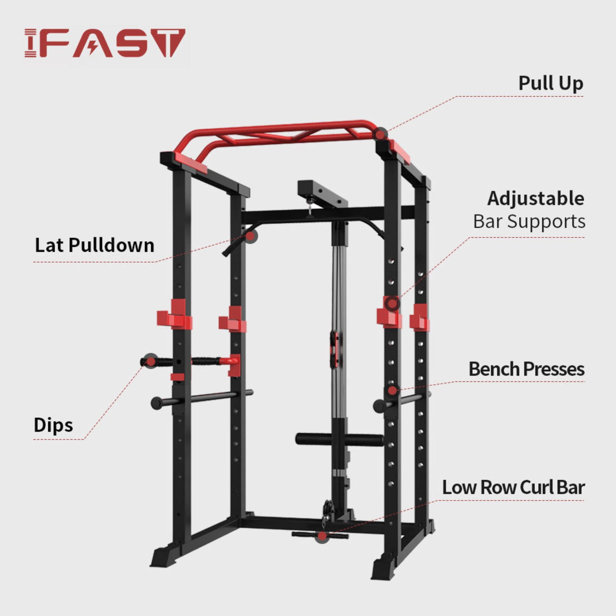 Rovix 1,000 lb Squat Power Cage with Weight Bench — Includes 200 lb Bumper Plate Set