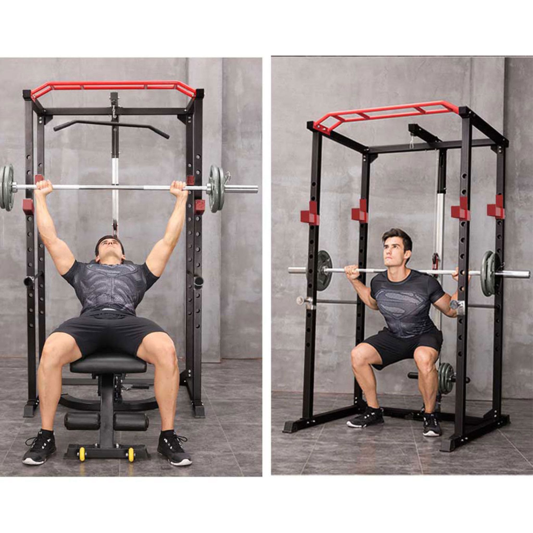 Rovix 1,000 lb Squat Power Cage with Weight Bench — Includes 200 lb Bumper Plate Set