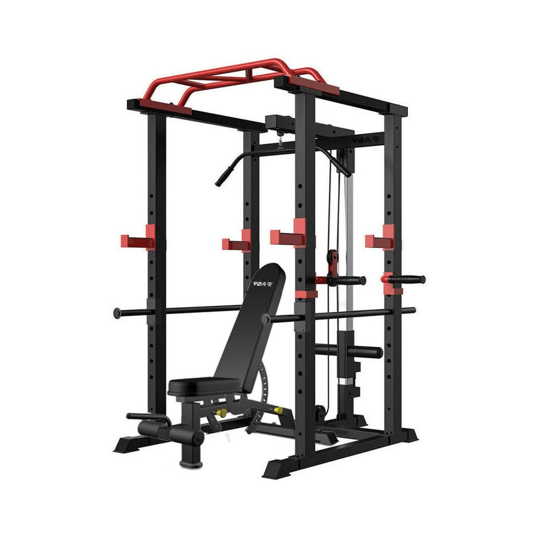 Rovix 1,000 lb Squat Power Cage with Weight Bench — Includes 200 lb Bumper Plate Set