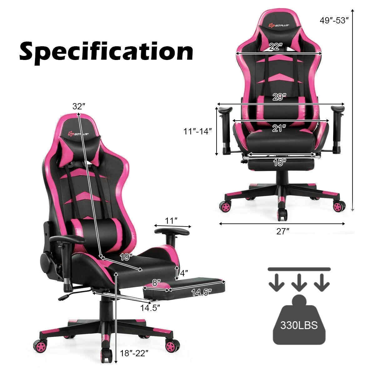 Massage Gaming Chair with Footrest — Lumbar Massage, Reclining & Retractable Footrest | Pink