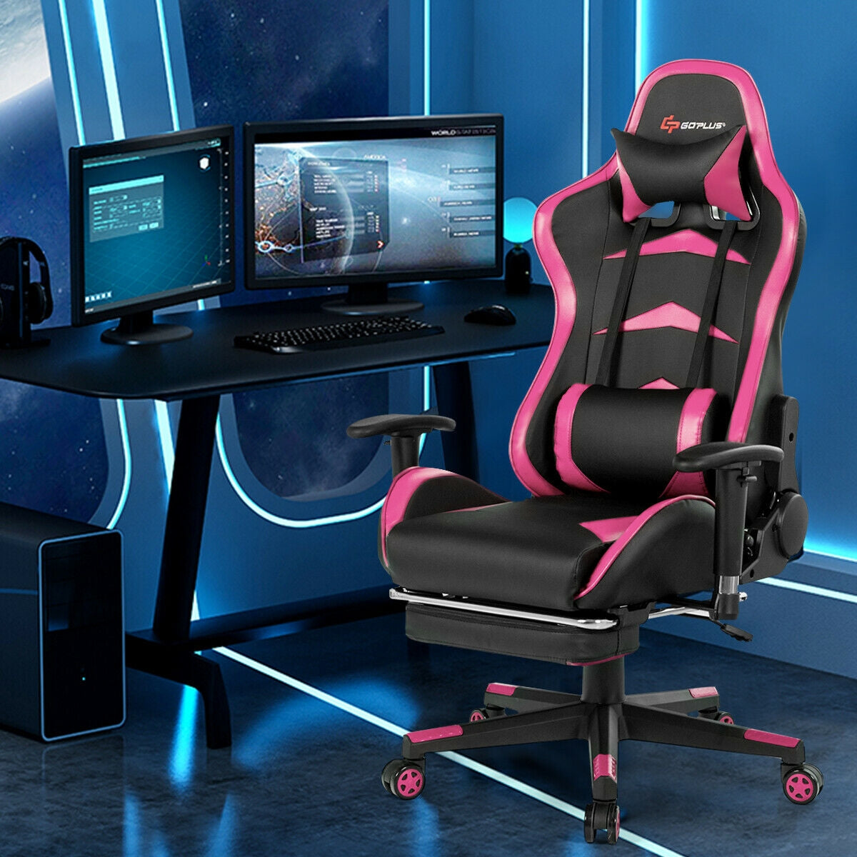 Massage Gaming Chair with Footrest — Lumbar Massage, Reclining & Retractable Footrest | Pink
