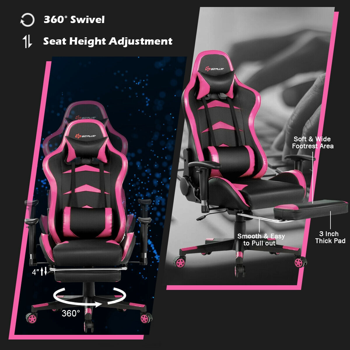 Massage Gaming Chair with Footrest — Lumbar Massage, Reclining & Retractable Footrest | Pink
