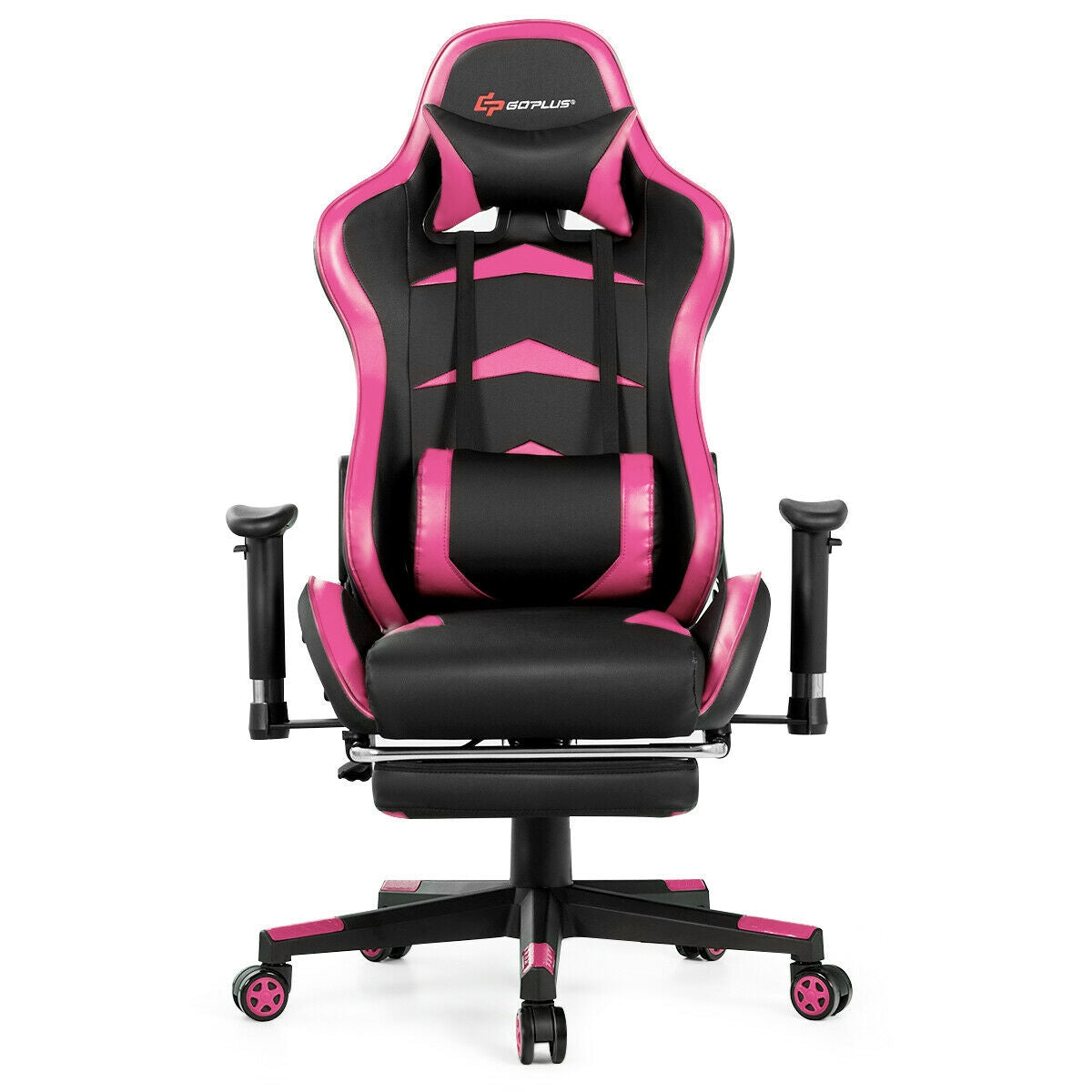 Massage Gaming Chair with Footrest — Lumbar Massage, Reclining & Retractable Footrest | Pink