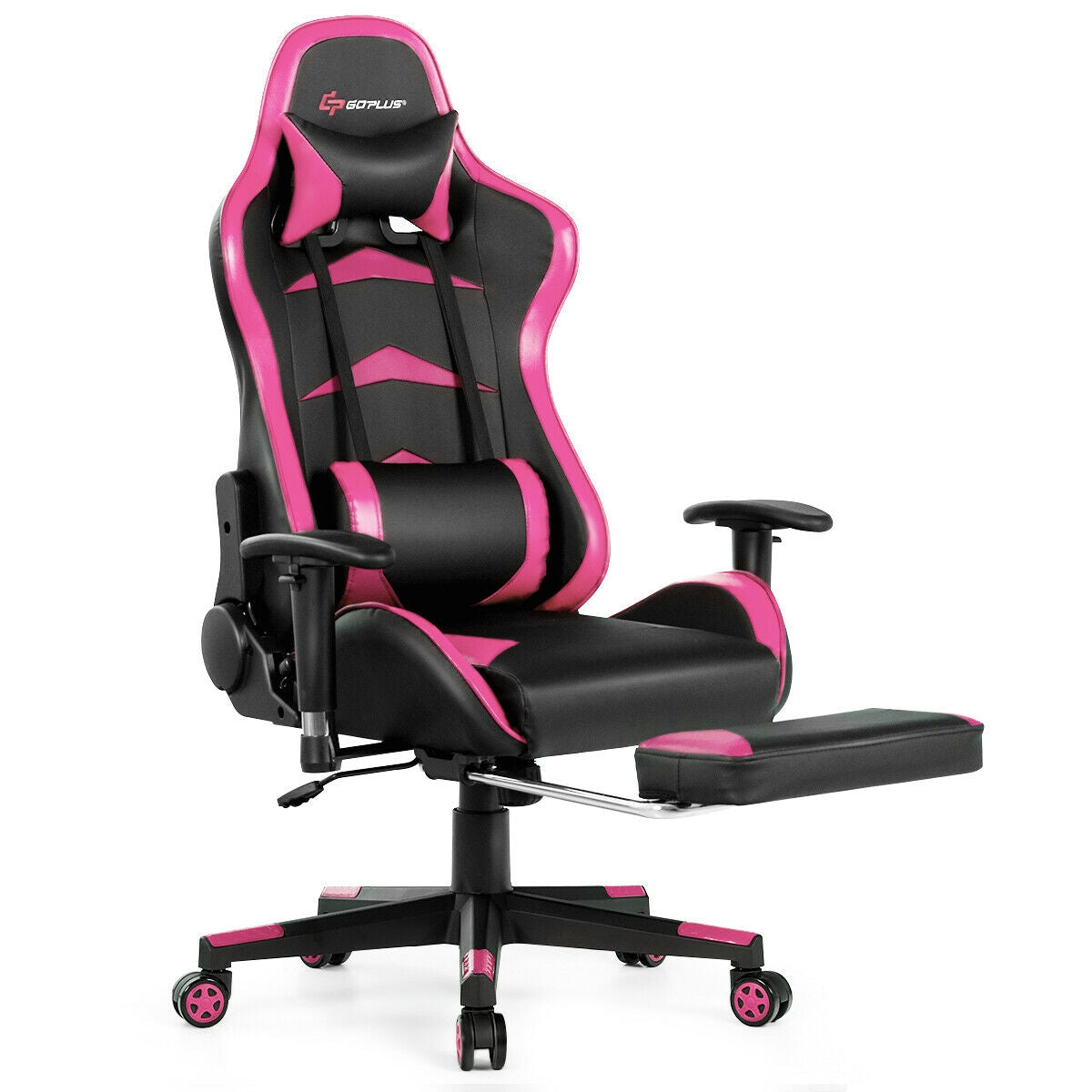 Massage Gaming Chair with Footrest — Lumbar Massage, Reclining & Retractable Footrest | Pink