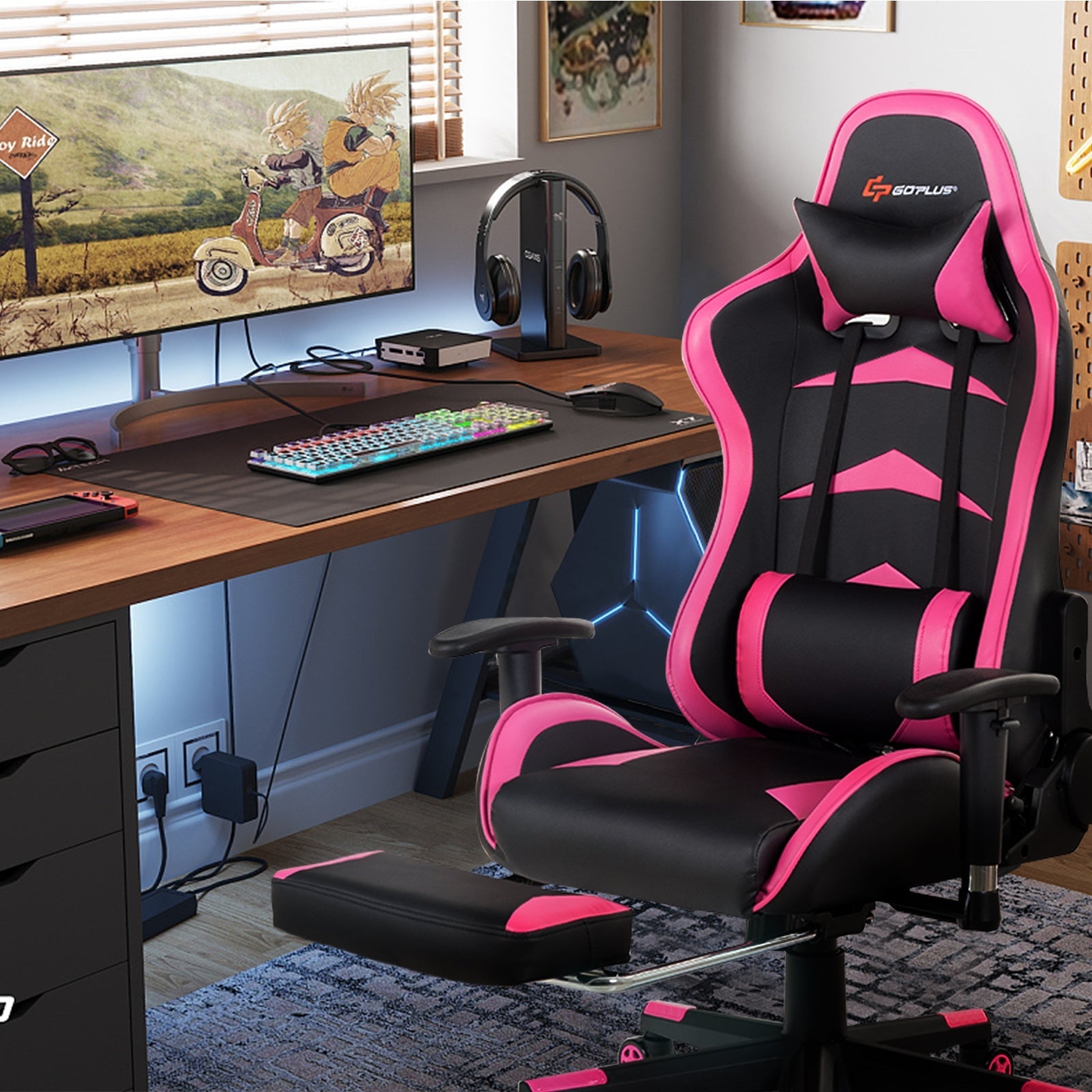 Massage Gaming Chair with Footrest — Lumbar Massage, Reclining & Retractable Footrest | Pink