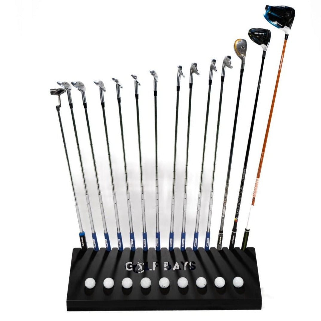 GolfBays Golf Club Display Rack — Holds 14 Clubs & 9 Balls