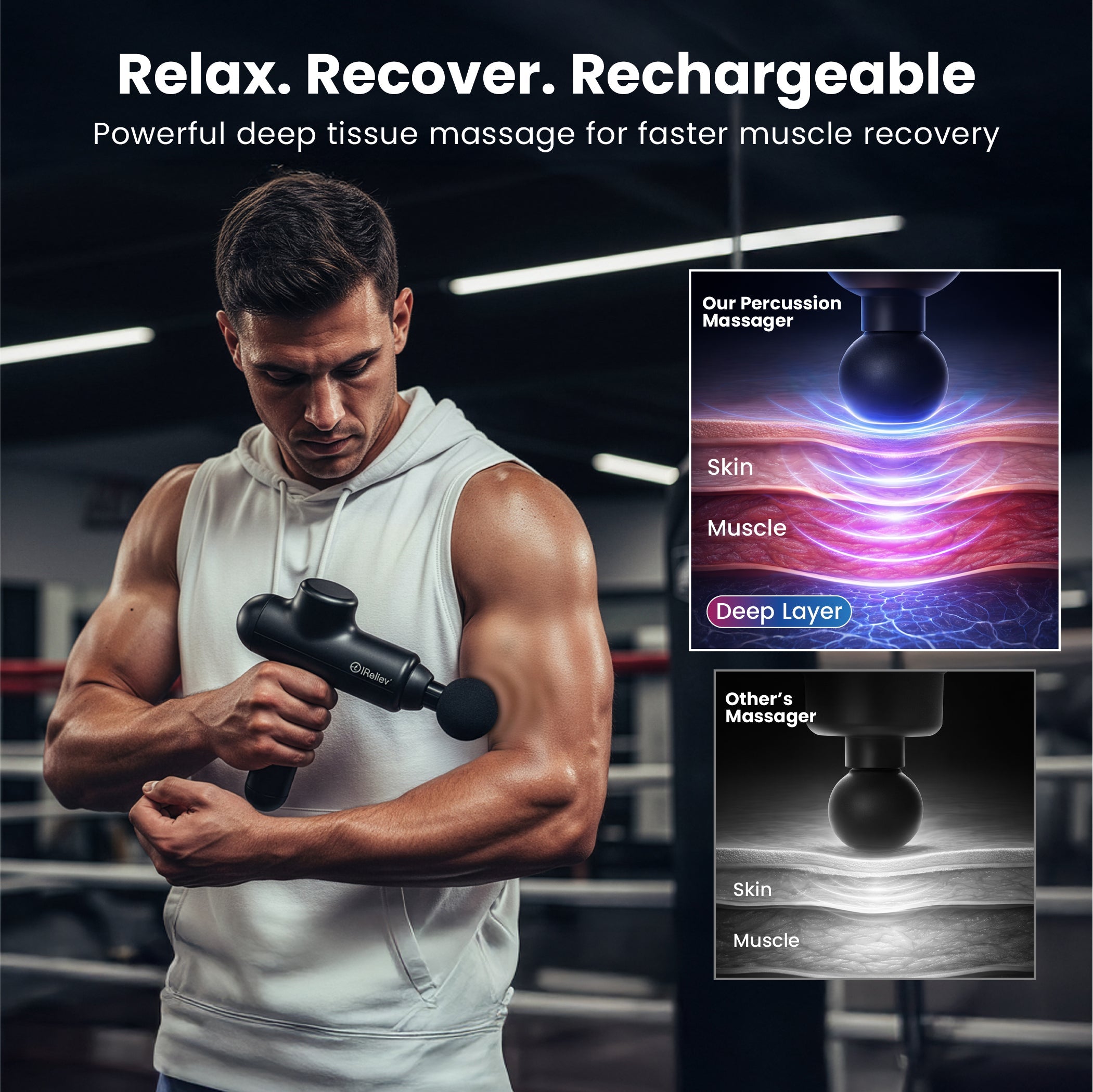 iReliev Percussion Massage Gun — 3-Speed Deep Tissue Relief, Ergonomic One-Button Design