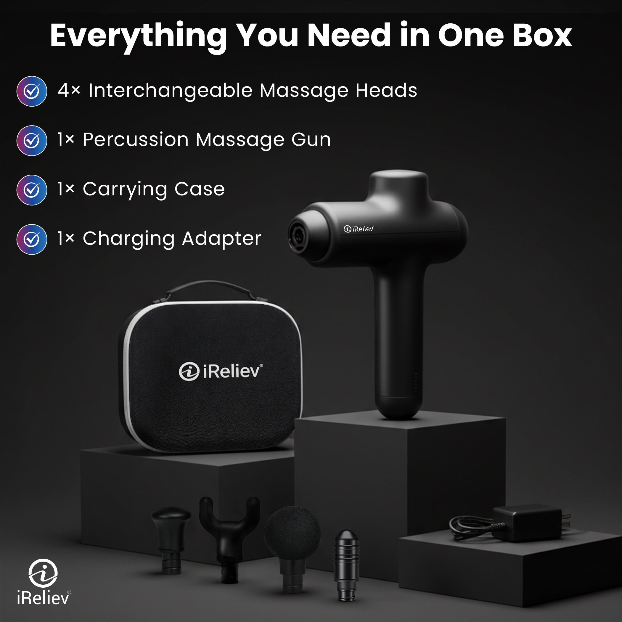 iReliev Percussion Massage Gun — 3-Speed Deep Tissue Relief, Ergonomic One-Button Design