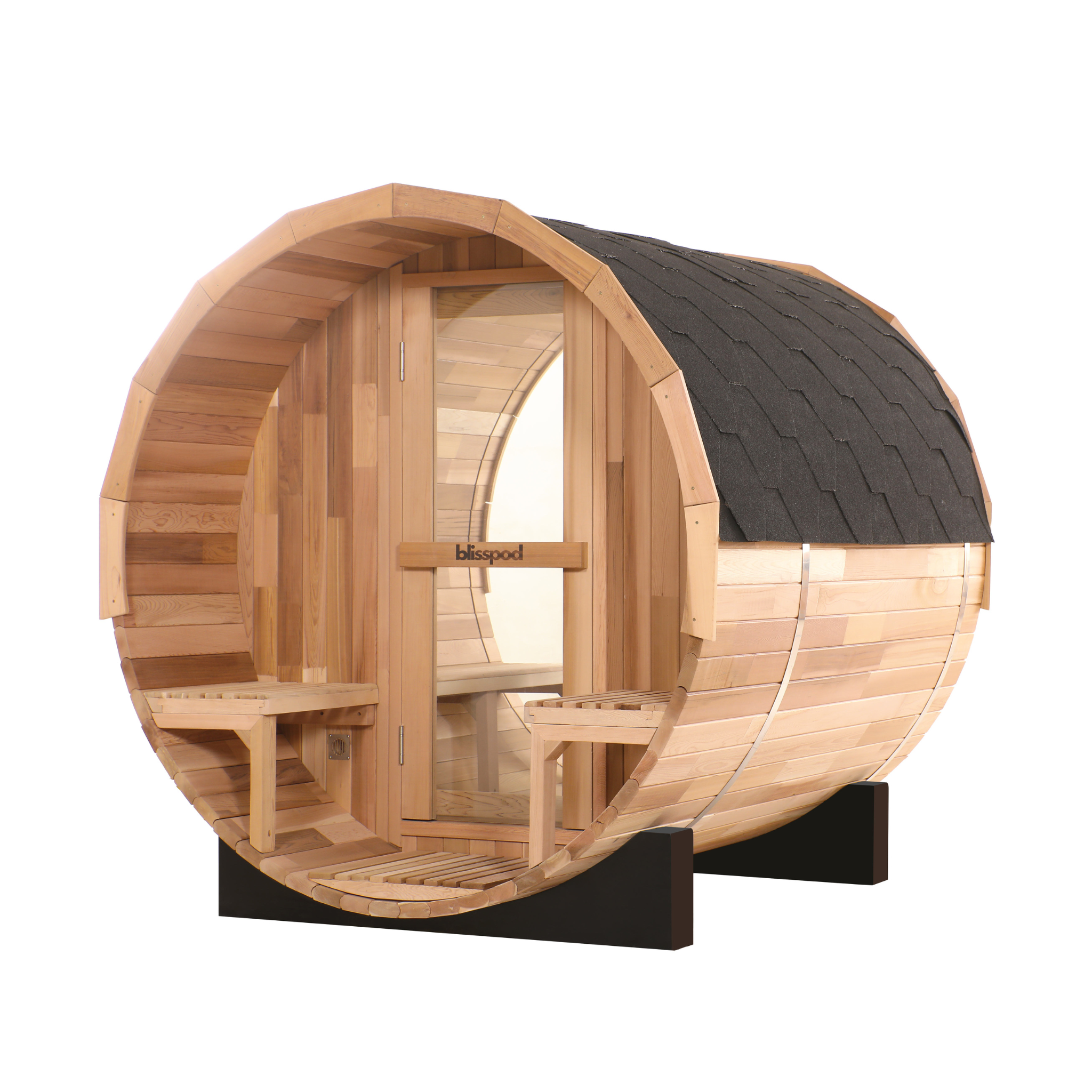 Blisspod Prague | Canadian Red Cedar Outdoor Barrel Sauna with Full Glass Back & Porch