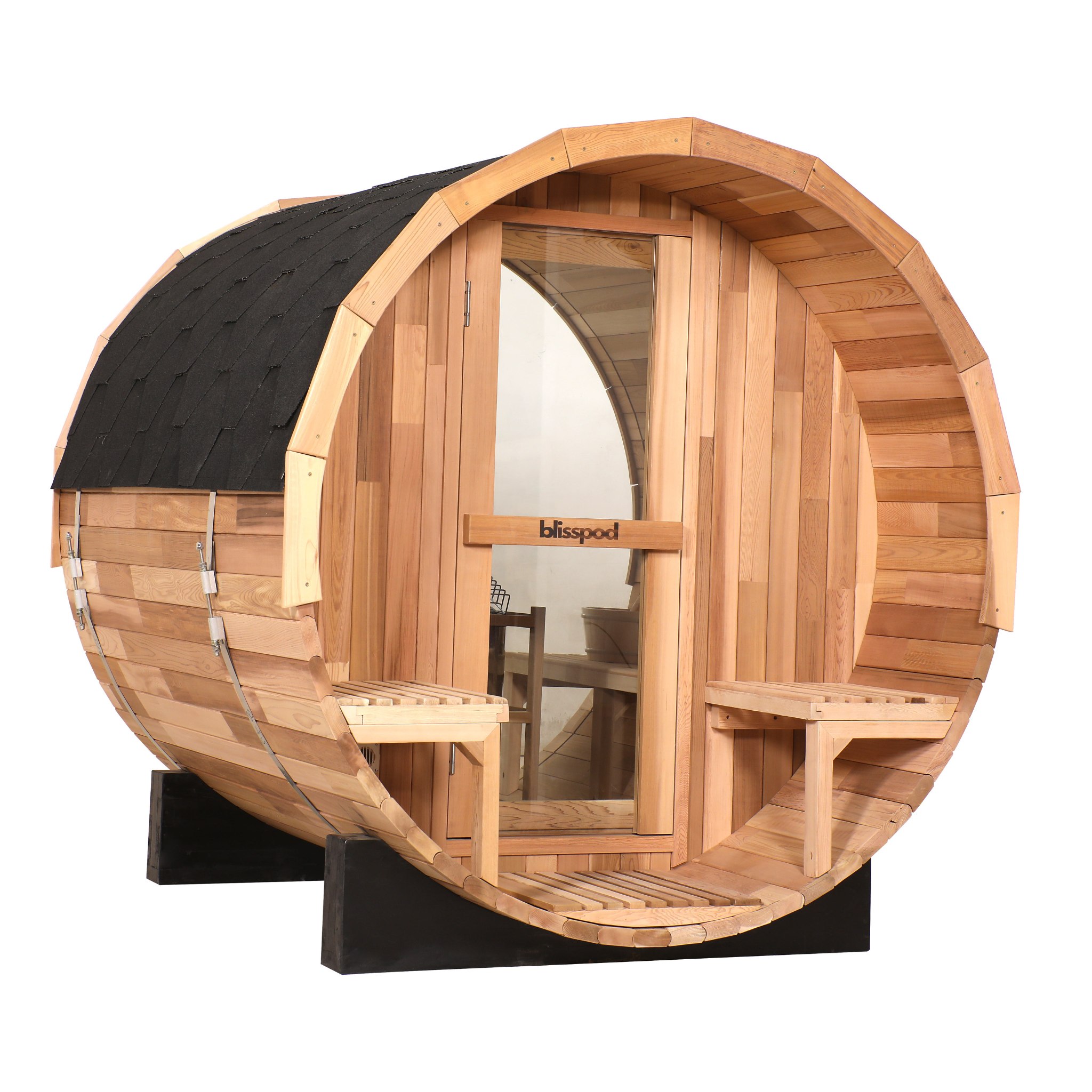 Blisspod Prague | Canadian Red Cedar Outdoor Barrel Sauna with Full Glass Back & Porch