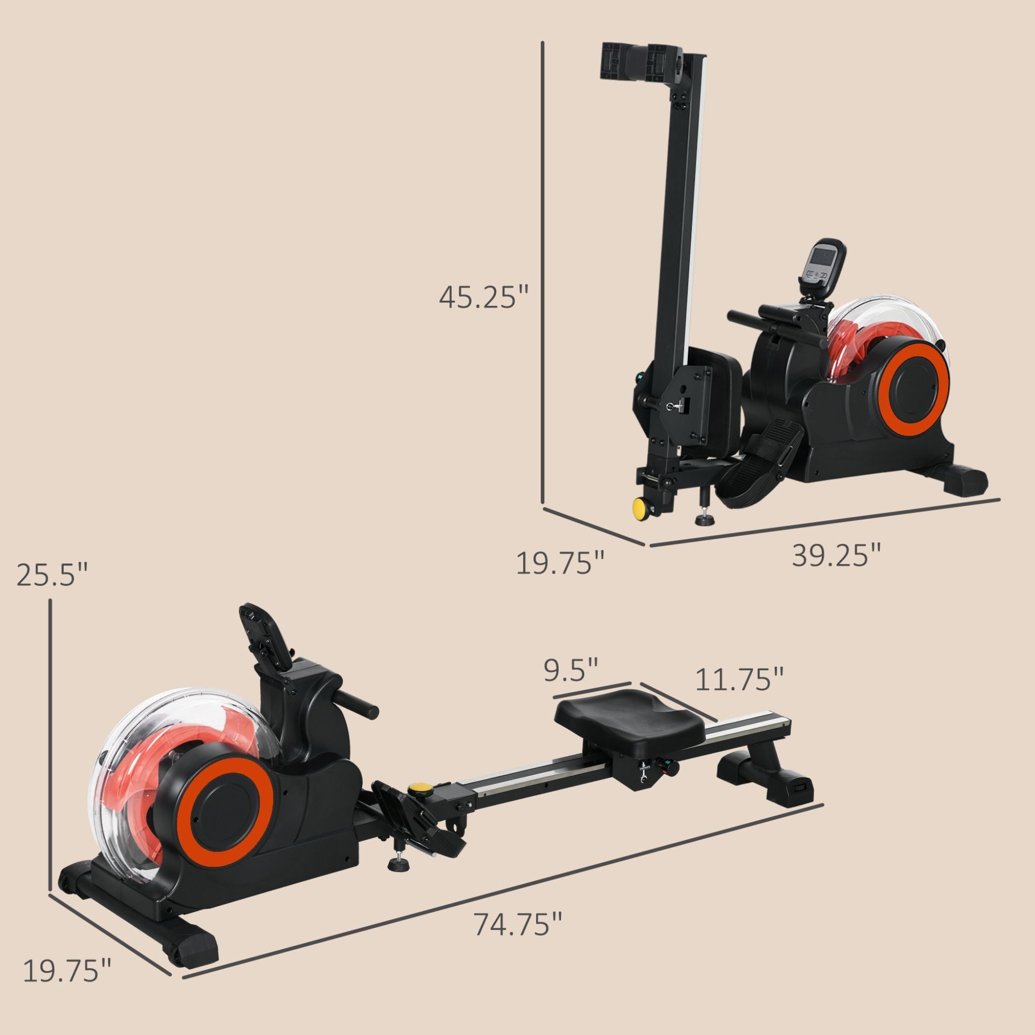 Rovix Foldable Water Rowing Machine — Self-Regulating Resistance | LCD Monitor | 264 lb Capacity