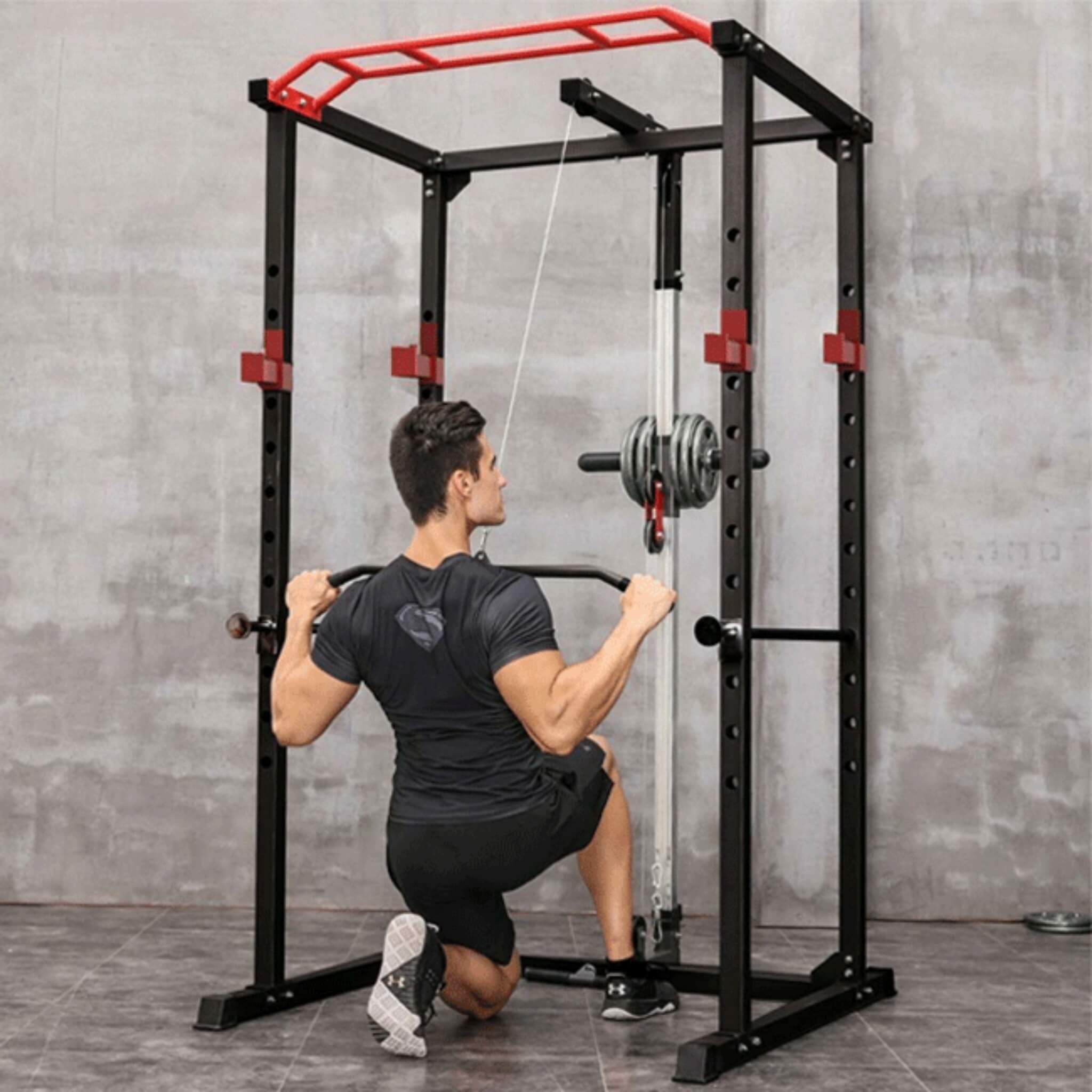 Rovix 1,000 lb Multi-Function Adjustable Power Cage Rack — Lat Pulldown & Low Row Included