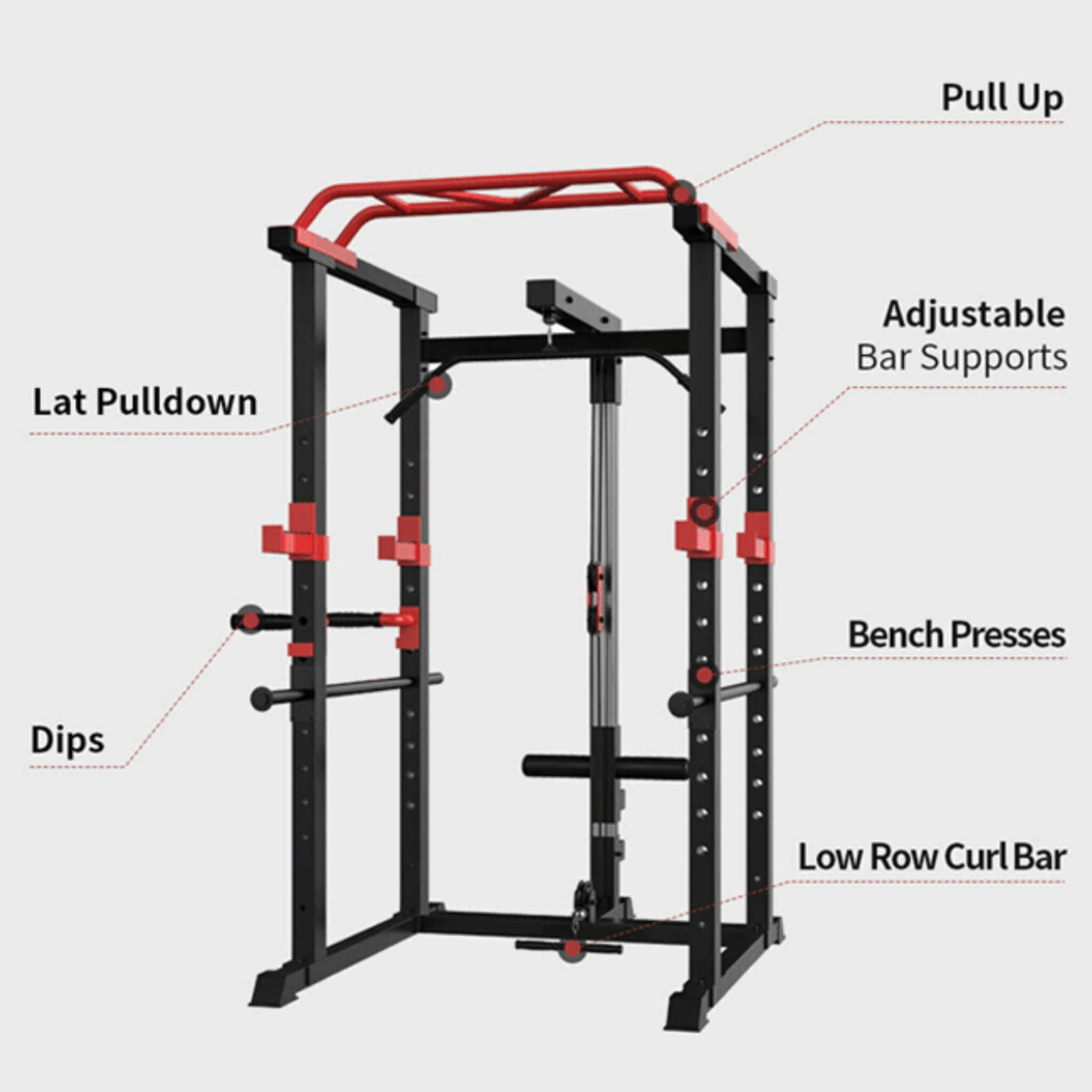 Rovix 1,000 lb Multi-Function Adjustable Power Cage Rack — Lat Pulldown & Low Row Included