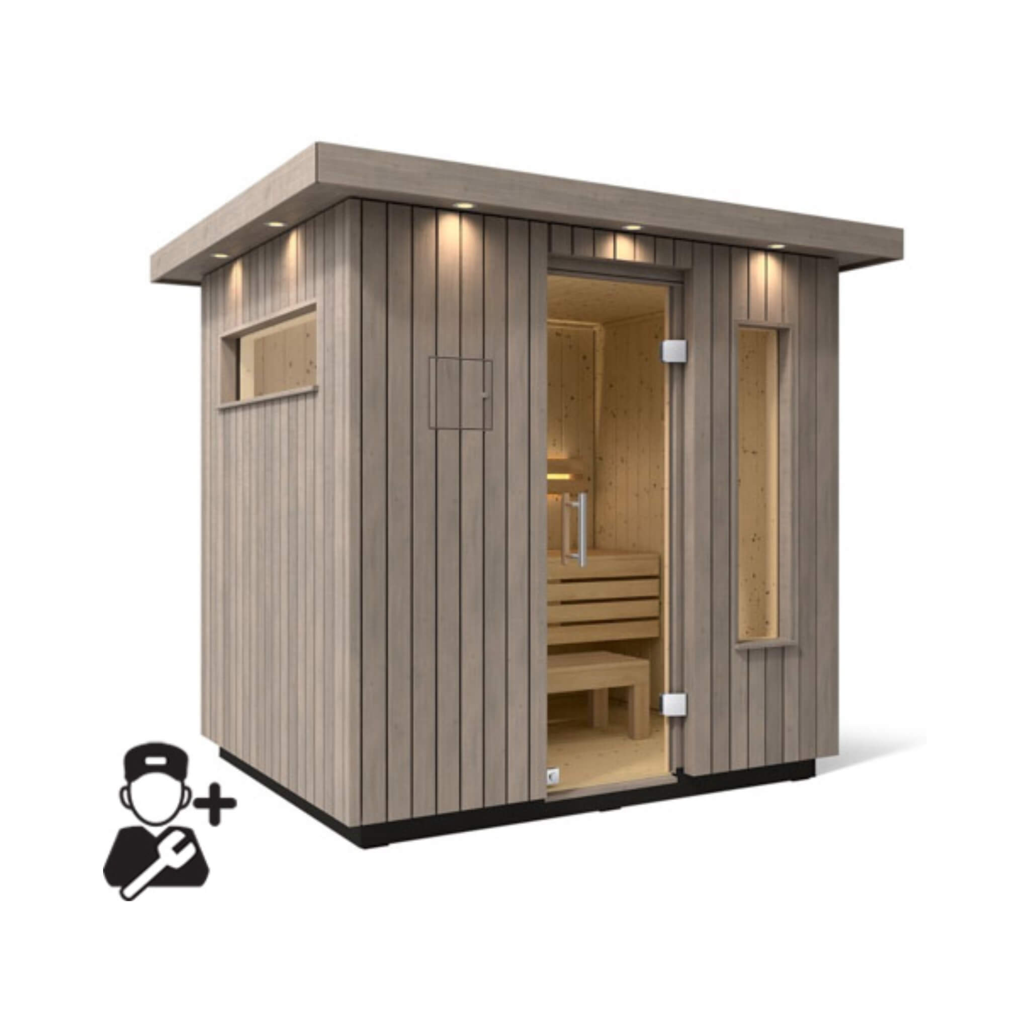 Kohler C2 Outdoor Sauna | Weathered Gray Spruce | FERO Heater | 3, 5 & 6 Person