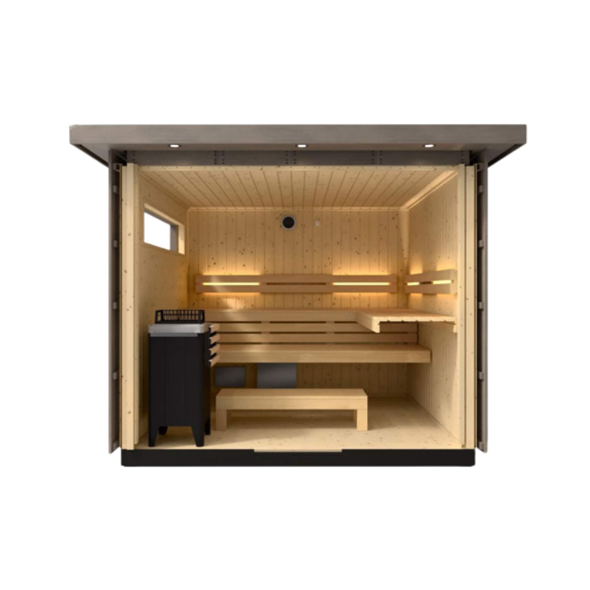 Kohler C2 Outdoor Sauna | Weathered Gray Spruce | FERO Heater | 3, 5 & 6 Person