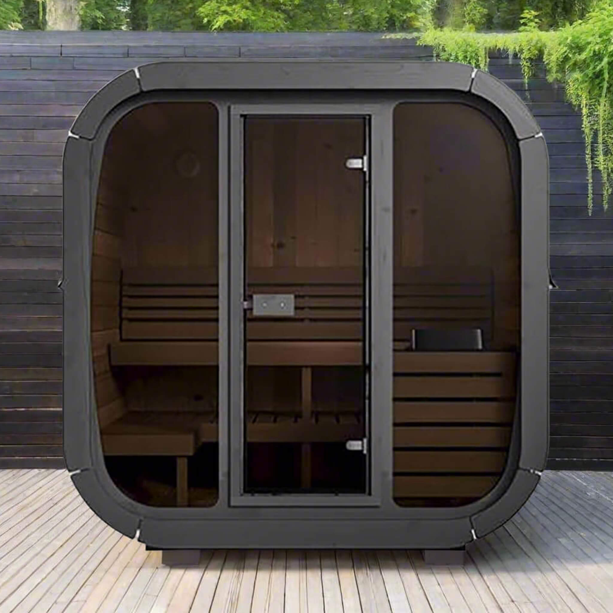SaunaLife CL5G Cube-Series — 4-Person Outdoor Sauna | Thermo-Spruce | Full Glass Front