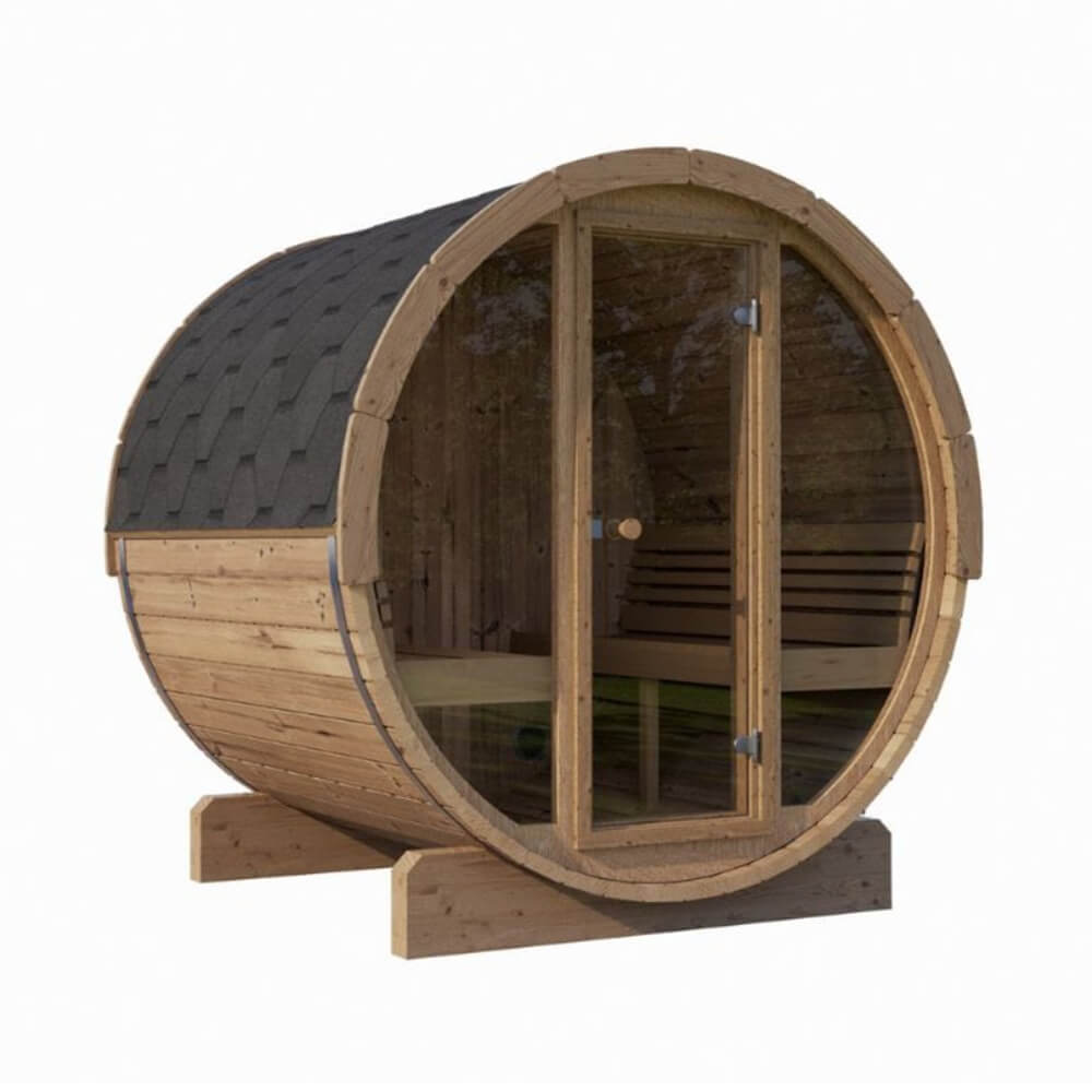 SaunaLife E8G Ergo Series — 6-Person Outdoor Barrel Sauna | Full Glass Front | Thermo-Spruce
