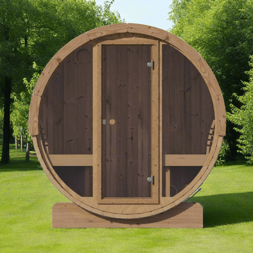 SaunaLife E8G Ergo Series — 6-Person Outdoor Barrel Sauna | Full Glass Front | Thermo-Spruce