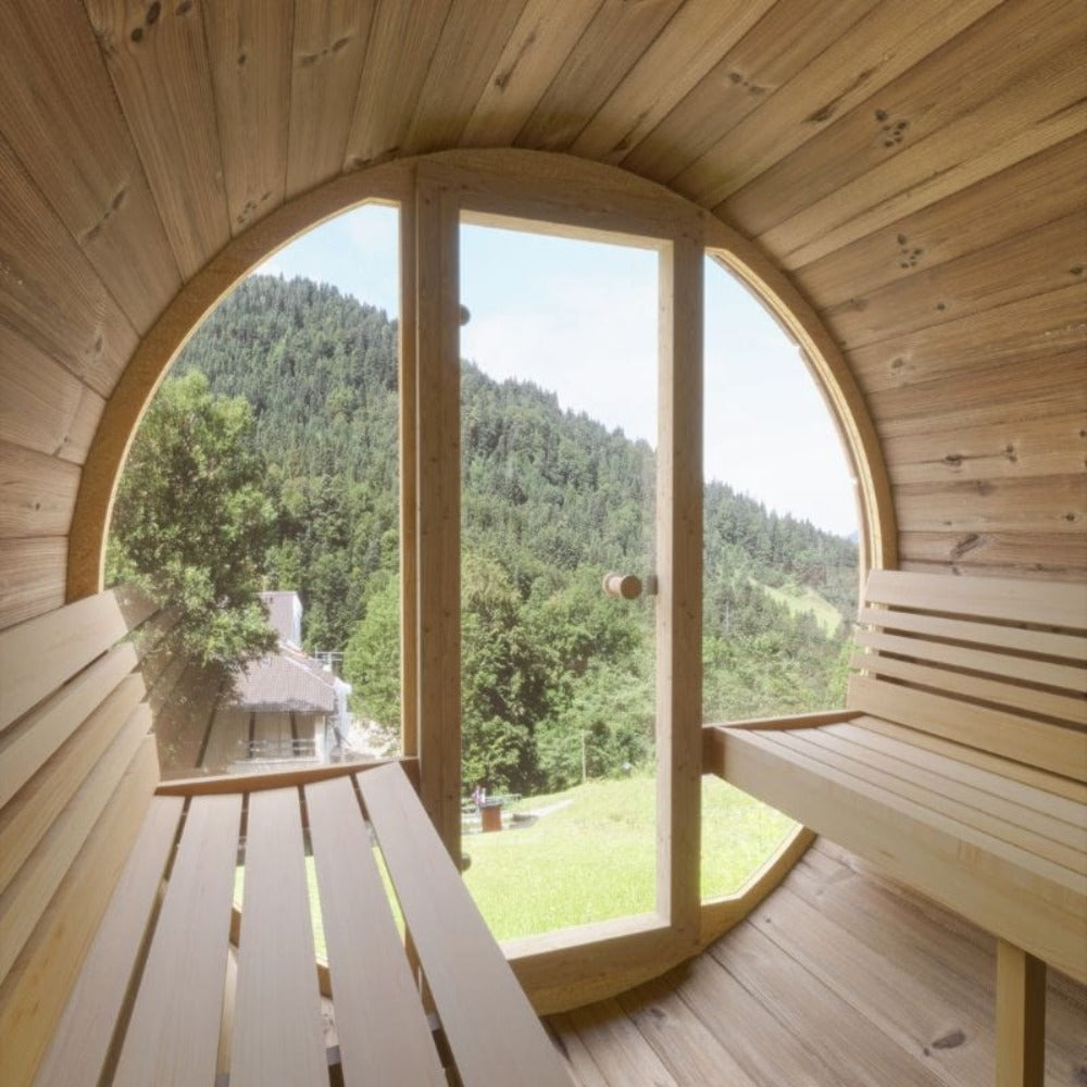 SaunaLife E8G Ergo Series — 6-Person Outdoor Barrel Sauna | Full Glass Front | Thermo-Spruce