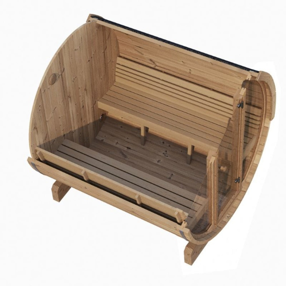 SaunaLife E8G Ergo Series — 6-Person Outdoor Barrel Sauna | Full Glass Front | Thermo-Spruce