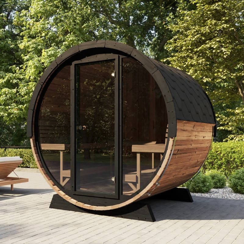 SaunaLife EE8G Ergo Series — 6-Person Outdoor Barrel Sauna | 7'7" Diameter | Full Glass Front