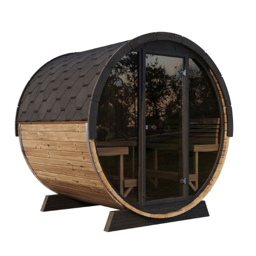 SaunaLife EE8G Ergo Series — 6-Person Outdoor Barrel Sauna | 7'7" Diameter | Full Glass Front