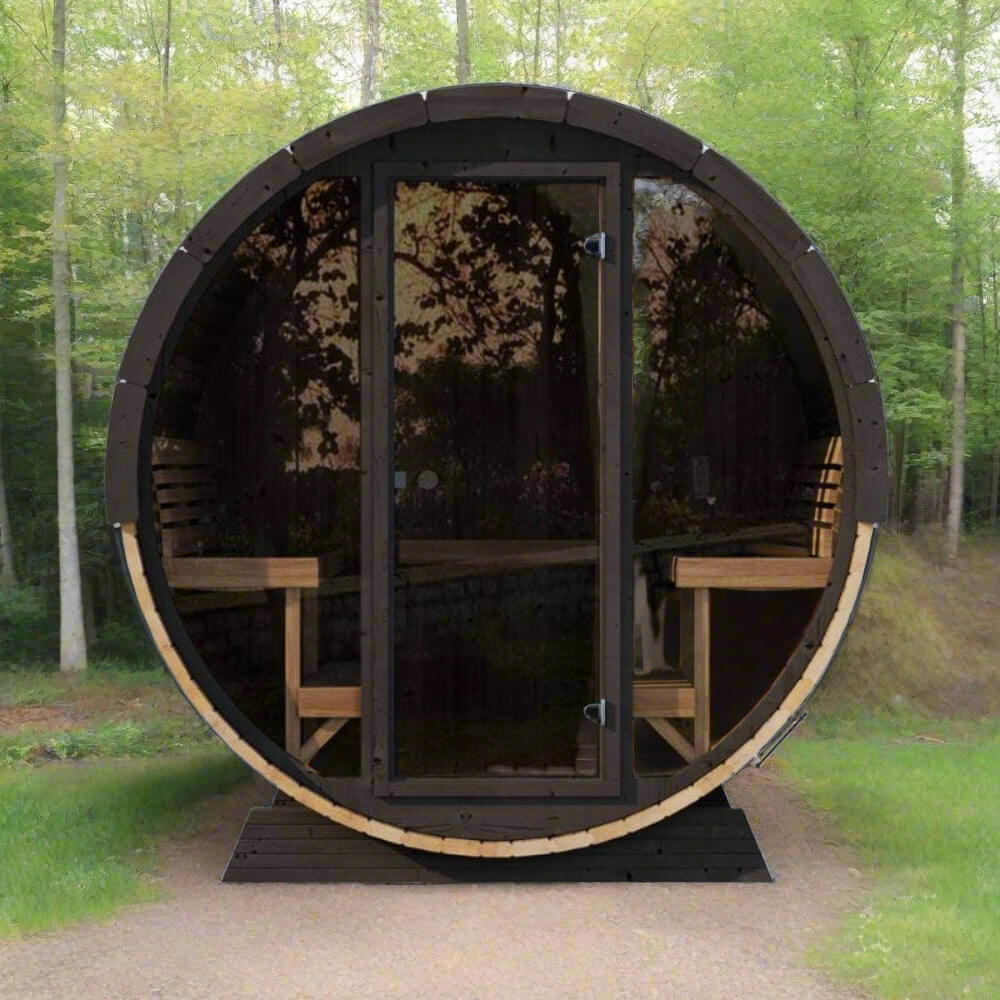 SaunaLife EE8G Ergo Series — 6-Person Outdoor Barrel Sauna | 7'7" Diameter | Full Glass Front