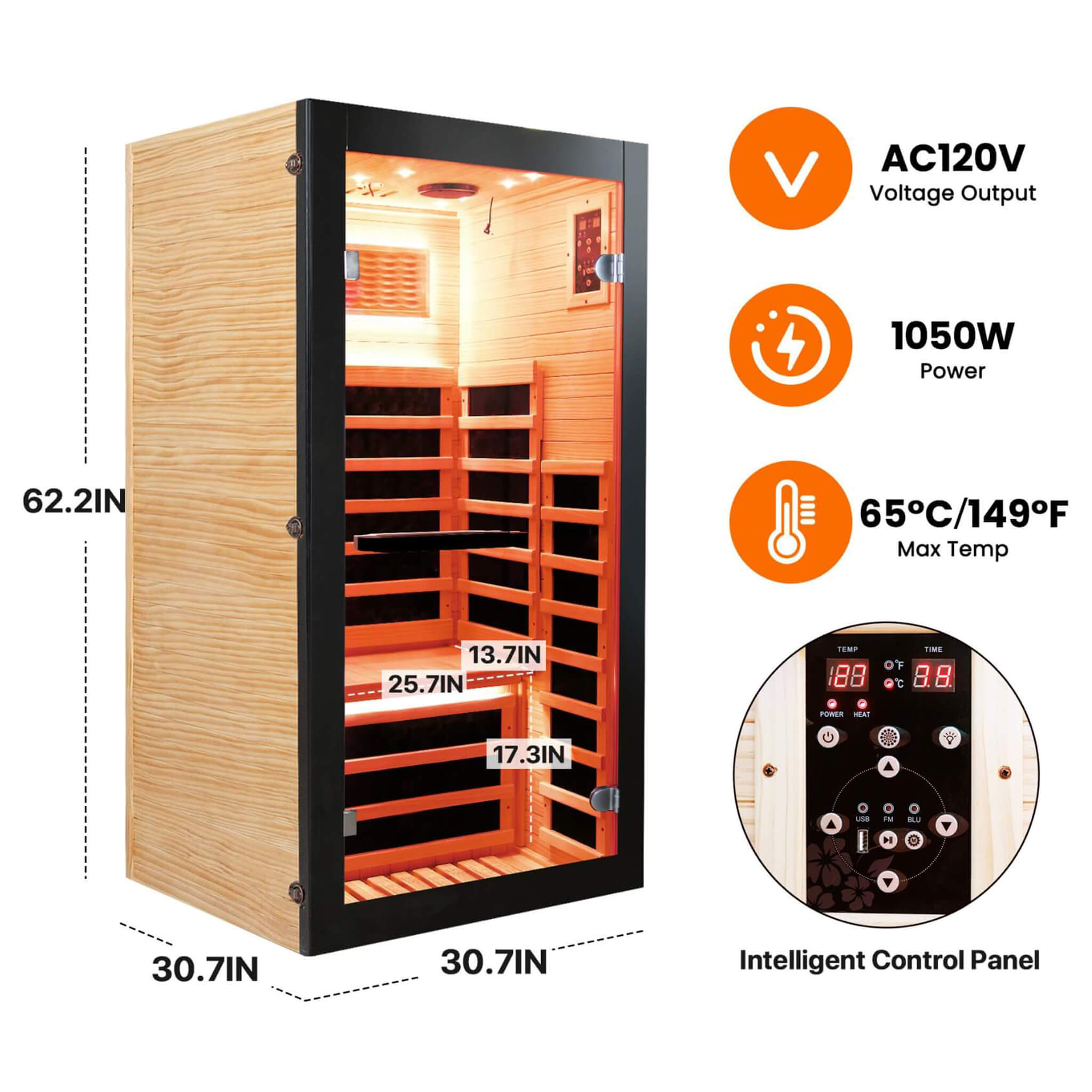 Thermora Solo | 1-Person Infrared Sauna Cabin | Chilean Pine | Starry Sky Ceiling | 1,050W